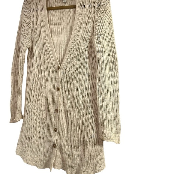 Margaret O’Leary Open Knit Sweater Cardigan Long Line Wooden Buttons Sz M - Picture 2 of 7